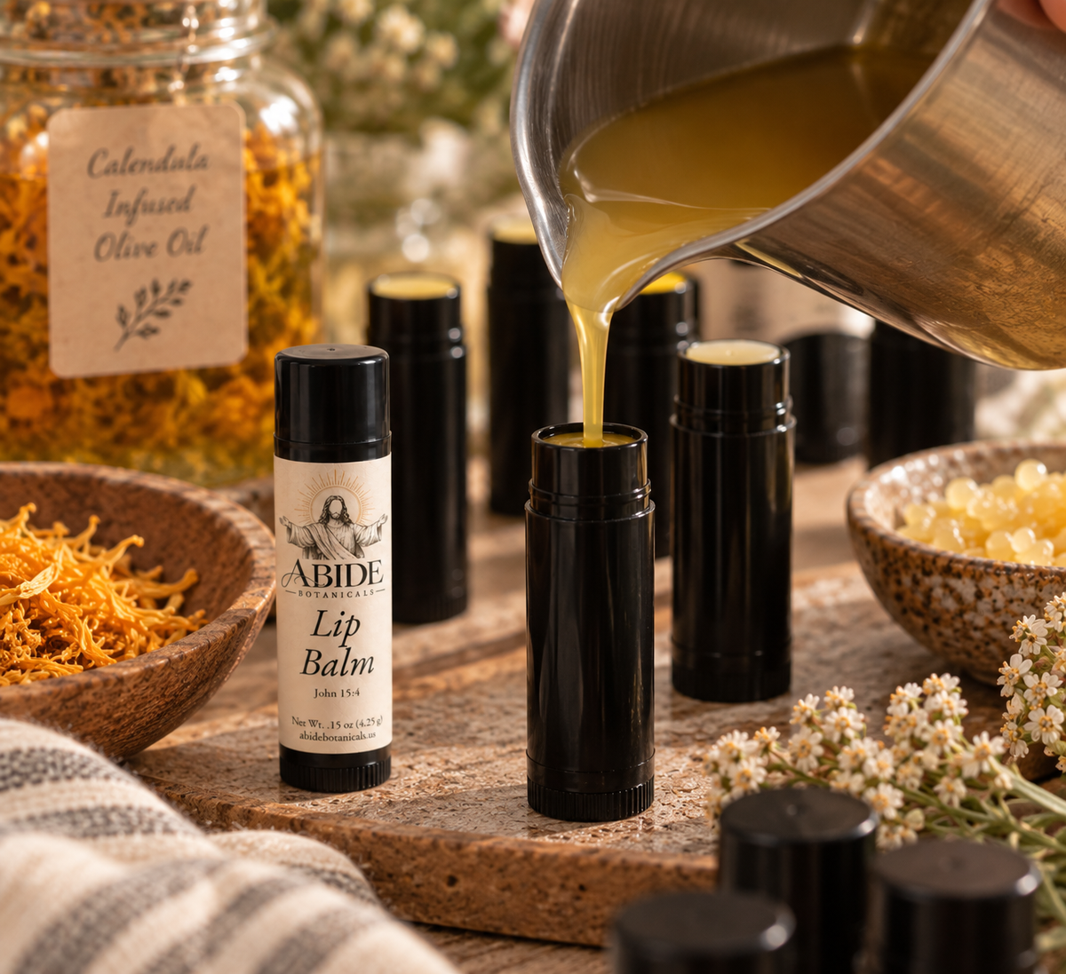 Abide Botanicals natural lip balm in black tube being filled
